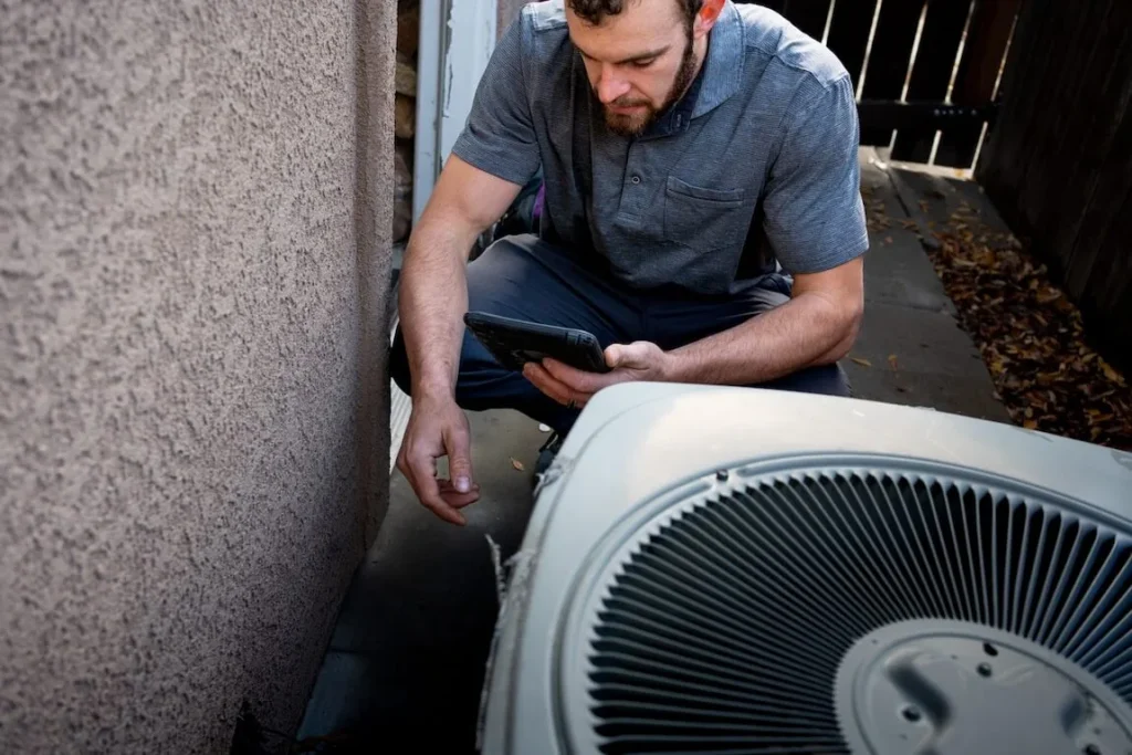 HVAC Tech fixing broken unit outdoors